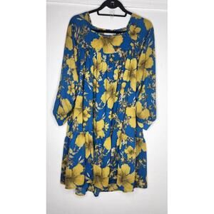 Happy Nature Dress Womens Medium Blue Yellow Floral Tiered Babydoll Boho Tunic